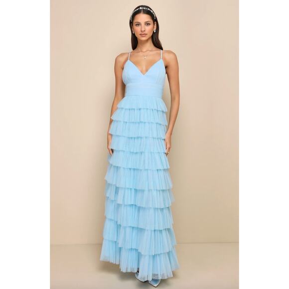 Lulu's Dresses & Skirts - Lulus Radiant Event Light Blue Mesh Tiered Pleated Backless Maxi Dress Large NWT